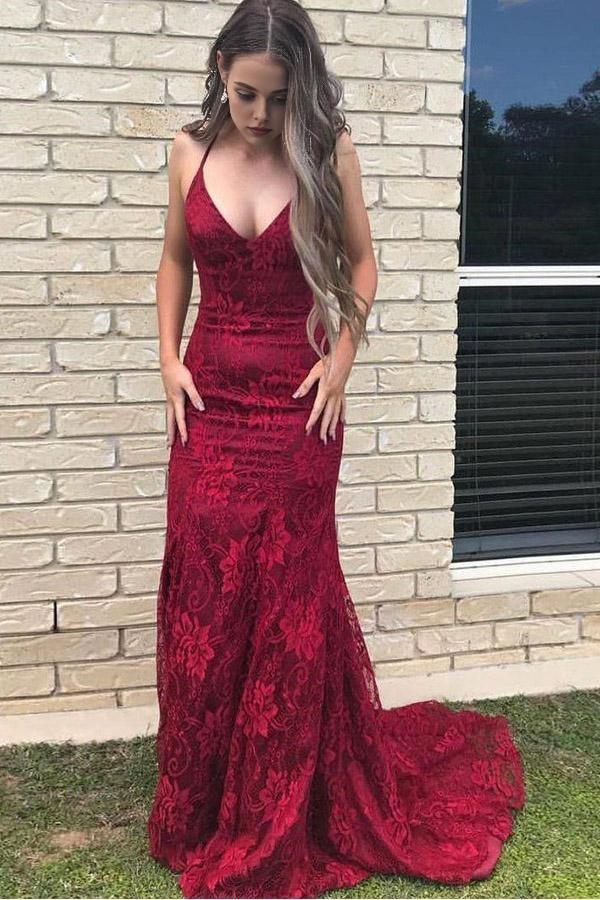 Robe de bal sirène Weitese à bretelles spaghetti et dos nu en dentelle bordeaux
